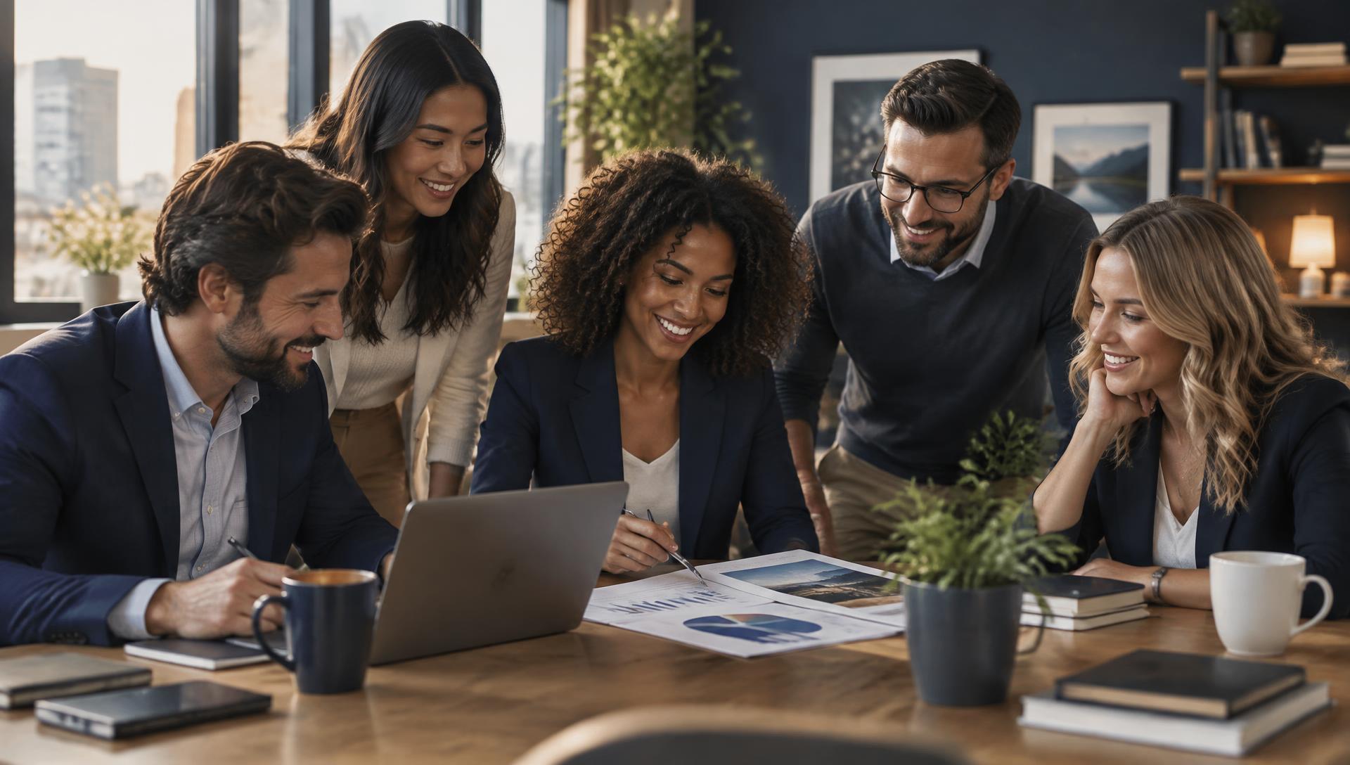 A warm, naturally lit office where marketing and insurance professionals collaborate around a wooden table